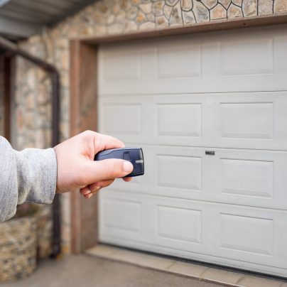 Gaithersburg security key fob pointing to a garage door