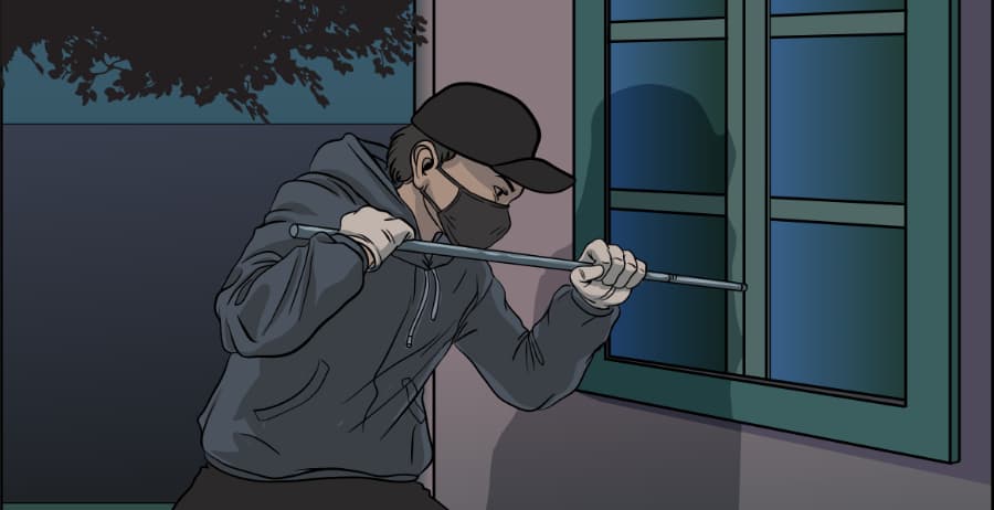 Illustration of burglar forcing entry through a window in Gaithersburg